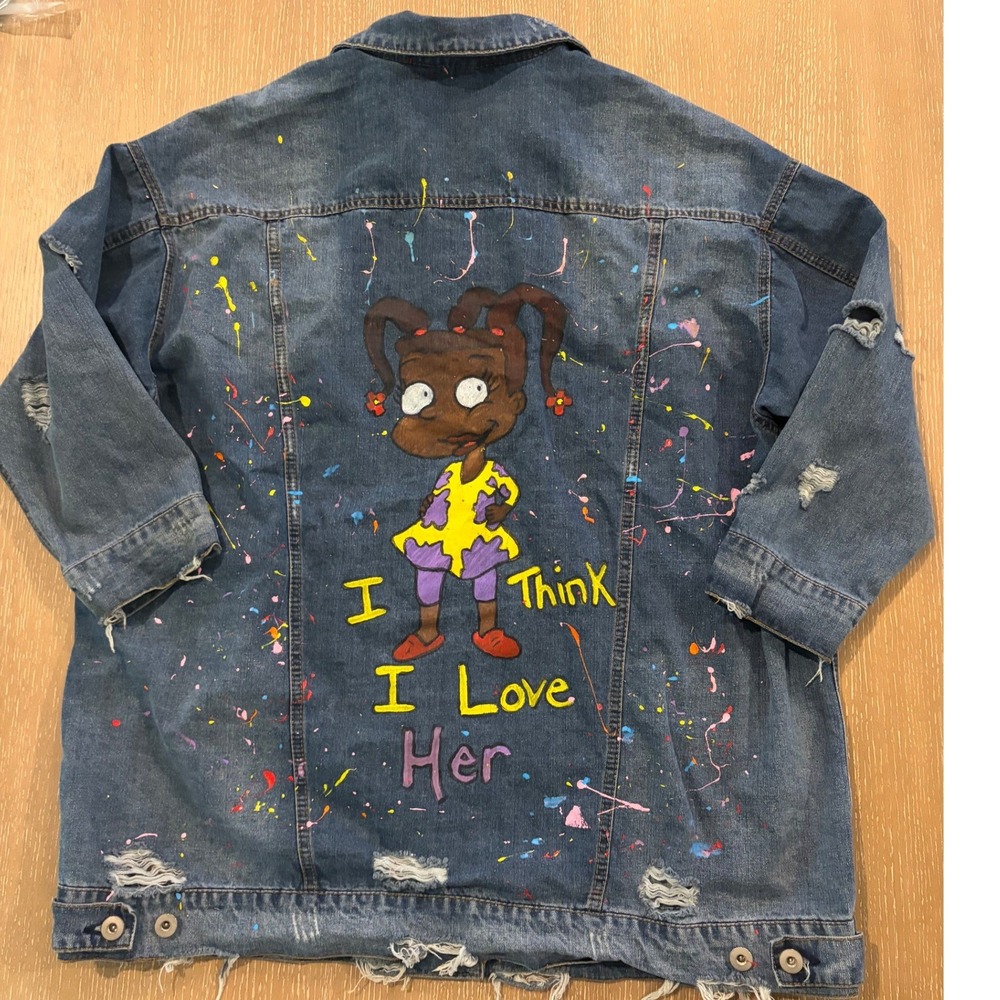 Custom Hey Arnold Susie Denim Jacket 3X Hand Painted Distressed Cartoon Retro